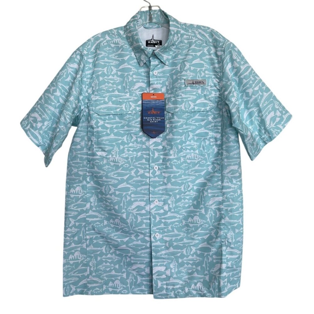 Habit Mens Fishing Shirt size Small Aqua Blue‎ White Fish Print UPF 50